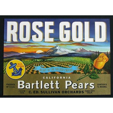 Fruit Crate Label-ROSE GOLD Bartlett Pears-Yuba City, CA-NEW