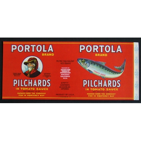 Can Label- PORTOLA Brand-Pilchards-Monterey, California-NEW