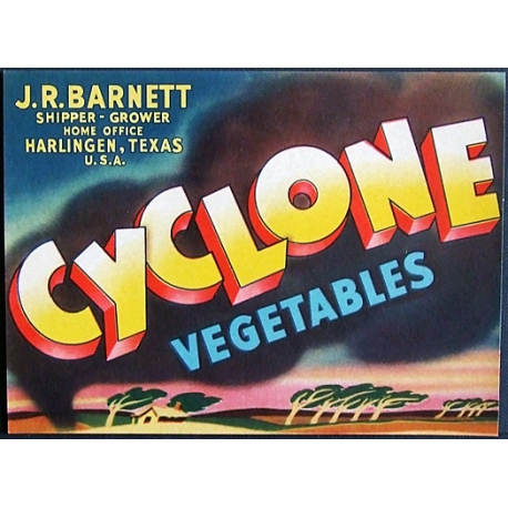 Vegetable Crate Label-CYCLONE Vegetables-Harlingen, Texas-NEW