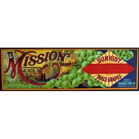 Fruit Crate Label-OLD MISSION Brand-Sunkist Table Grapes-Redbanks, CA-NEW
