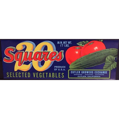 Vegetable Crate Label-20 SQUARES Selected Vegetables-Cutler, CA-NEW