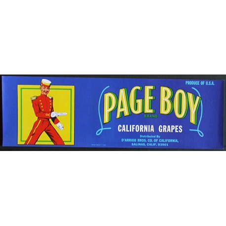 Fruit Crate Label-PAGE BOY Brand-California Grapes-Salinas, CA-NEW
