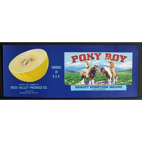 Fruit Crate Label-PONY BOY-Honeydew Melons-Woodland, CA-NEW