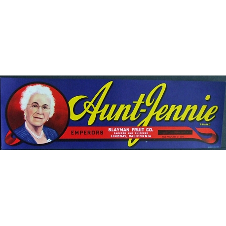 Fruit Crate Label-AUNT-JENNIE Brand-Lindsay, CA-NEW