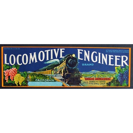 Fruit Crate Label-LOCOMOTIVE ENGINEER Brand-Fresno, CA-NEW