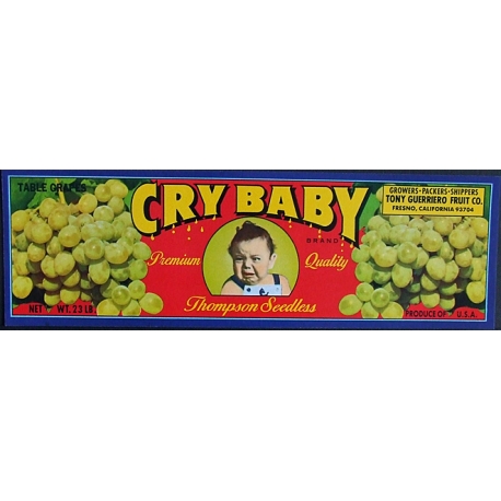 Fruit Crate Label-CRY BABY Brand Thompson Seedless-Fresno, CA-NEW