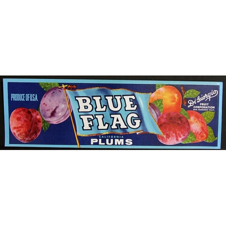 Fruit Crate Label-BLUE FLAG-California Plums-San Francisco, CA-NEW
