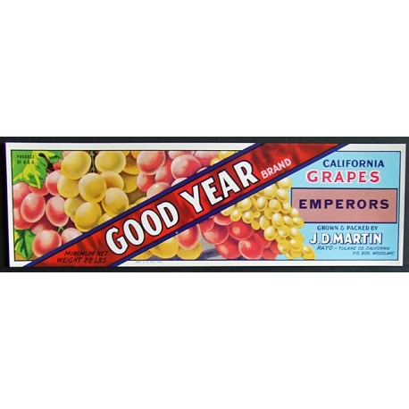 Fruit Crate Label-GOOD YEAR Brand California Grapes-Tulare, Co., CA-NEW