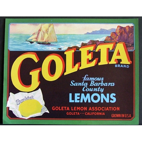 Fruit Crate Label-GOLETA Brand-Lemons-Goleta, CA-NEW