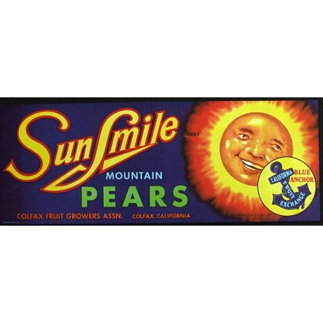 Fruit Crate Label-SUN SMILE Mountain Bartlett Pears-Colfax, CA-NEW