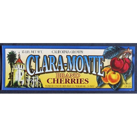 Fruit Crate Label-CLARA MONTE Brand-Cherries-Morgan Hill, Calif.-NEW